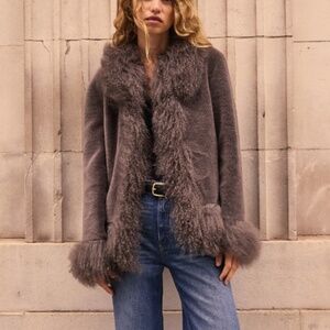 Charlotte Simone Olive 70’s Grey Mongolian Trim Jacket